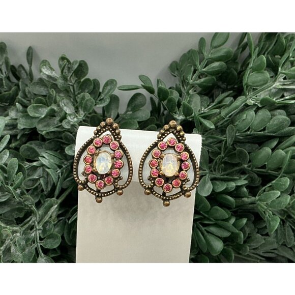 Vintage Inspired Opal and Pink Rhinestone Antique Bronze Screw back Earrings - Picture 7 of 8
